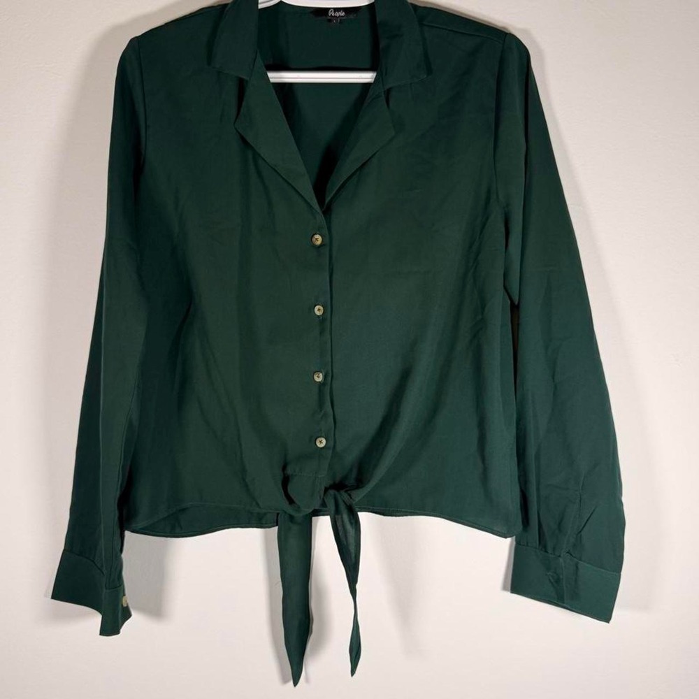 People Forest Green Tie Front Long Sleeve Button Down Blouse Size Large